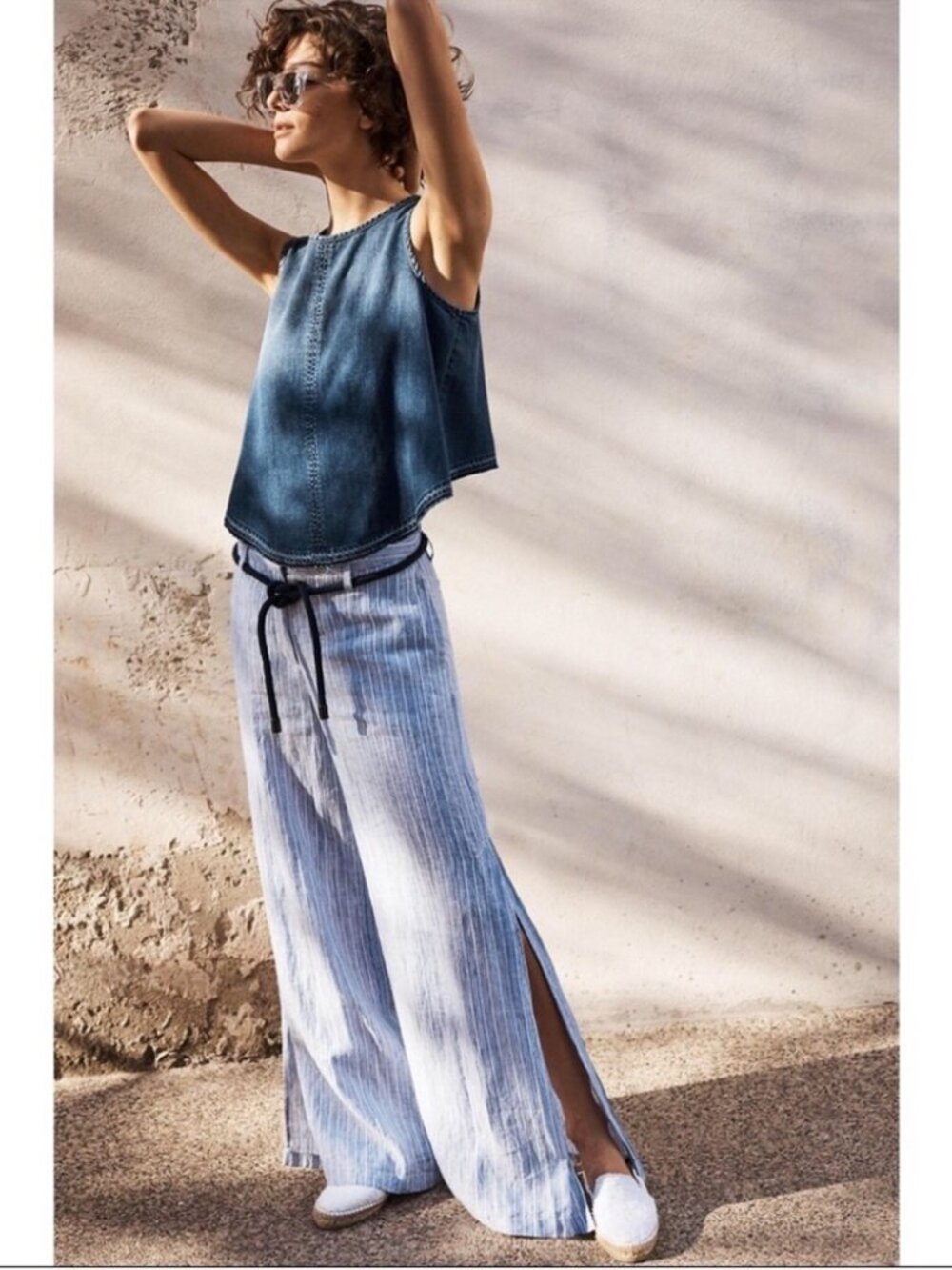 Anthropologie Elevenses Linen Wide Leg Stripe Paints Side Slits Size 8 Coastal